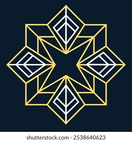 Un elegante logotipo geométrico Art Deco con intrincadas líneas de filigrana en un patrón cuadrado y rombo. Ideal para la marca de lujo, este icono ornamental destaca sobre un fondo oscuro.