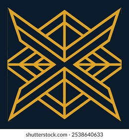 Un elegante logotipo geométrico Art Deco con intrincadas líneas de filigrana en un patrón cuadrado y rombo. Ideal para la marca de lujo, este icono ornamental destaca sobre un fondo oscuro.