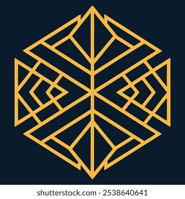 Un elegante logotipo geométrico Art Deco con intrincadas líneas de filigrana en un patrón cuadrado y rombo. Ideal para la marca de lujo, este icono ornamental destaca sobre un fondo oscuro.