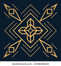 Un elegante logotipo geométrico Art Deco con intrincadas líneas de filigrana en un patrón cuadrado y rombo. Ideal para la marca de lujo, este icono ornamental destaca sobre un fondo oscuro.