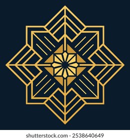 Un elegante logotipo geométrico Art Deco con intrincadas líneas de filigrana en un patrón cuadrado y rombo. Ideal para la marca de lujo, este icono ornamental destaca sobre un fondo oscuro.