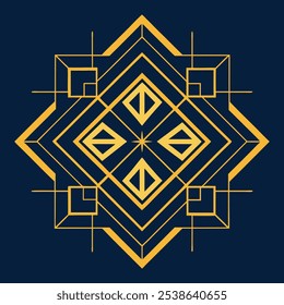 Un elegante logotipo geométrico Art Deco con intrincadas líneas de filigrana en un patrón cuadrado y rombo. Ideal para la marca de lujo, este icono ornamental destaca sobre un fondo oscuro.