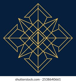 Un elegante logotipo geométrico Art Deco con intrincadas líneas de filigrana en un patrón cuadrado y rombo. Ideal para la marca de lujo, este icono ornamental destaca sobre un fondo oscuro.