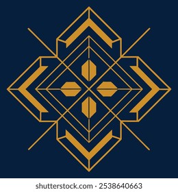 Un elegante logotipo geométrico Art Deco con intrincadas líneas de filigrana en un patrón cuadrado y rombo. Ideal para la marca de lujo, este icono ornamental destaca sobre un fondo oscuro.