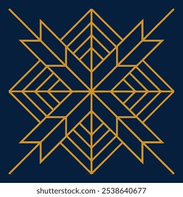 Um logotipo elegante geométrico Art Deco com linhas complexas de filigrana em um padrão quadrado e losango. Ideal para marcas de luxo, este ícone ornamental destaca-se em um fundo escuro.