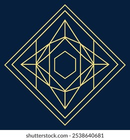 Un elegante logotipo geométrico Art Deco con intrincadas líneas de filigrana en un patrón cuadrado y rombo. Ideal para la marca de lujo, este icono ornamental destaca sobre un fondo oscuro.