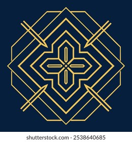 Un elegante logotipo geométrico Art Deco con intrincadas líneas de filigrana en un patrón cuadrado y rombo. Ideal para la marca de lujo, este icono ornamental destaca sobre un fondo oscuro.