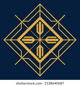 Un elegante logotipo geométrico Art Deco con intrincadas líneas de filigrana en un patrón cuadrado y rombo. Ideal para la marca de lujo, este icono ornamental destaca sobre un fondo oscuro.