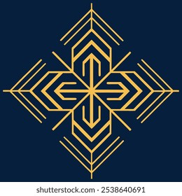 Un elegante logotipo geométrico Art Deco con intrincadas líneas de filigrana en un patrón cuadrado y rombo. Ideal para la marca de lujo, este icono ornamental destaca sobre un fondo oscuro.