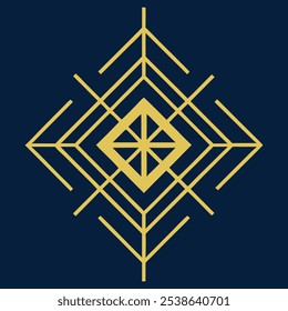 Un elegante logotipo geométrico Art Deco con intrincadas líneas de filigrana en un patrón cuadrado y rombo. Ideal para la marca de lujo, este icono ornamental destaca sobre un fondo oscuro.