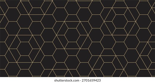 Fundo geométrico elegante com linhas douradas formando hexágonos e várias formas de seis lados em um fundo cinza escuro, criando um padrão moderno e sofisticado