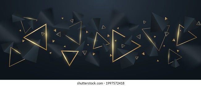 Fondo geométrico elegante de triángulos 3d, negro y dorado. Diseño de fondo de escritorio para plantilla, portada o banner. Formas decorativas, poligonales. Ilustración vectorial. EPS 10