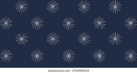 Fundo geométrico elegante com repetição de fogos de artifício prateados ou motivos flocos de neve em uma tela azul-marinho escuro