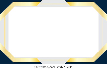 Elegant geometric background with white center and gold metallic frame on dark blue edges. Perfect for certificates, invitations, luxury designs, or formal presentations.
