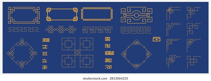 Elegant geometric border frames, corners, and decorative ornaments inspired by Asian motifs for premium vector designs.