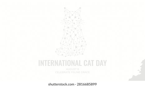 Elegant geometric cat silhouette made of stars and lines for International Cat Day, celebrating feline grace with a soft grey aesthetic and August 8th date inclusion.