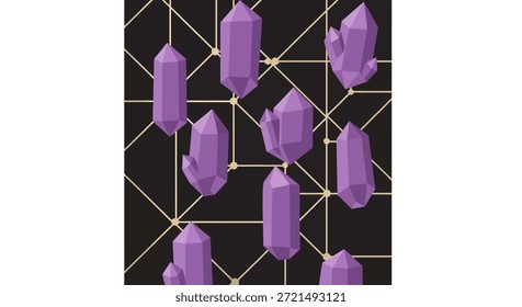 Elegante design de padrão de cristal geométrico com gemas roxas e linhas douradas contra um fundo escuro. Textura perfeita com um estilo de mosaico luxuoso, perfeito para vários projetos de design,
