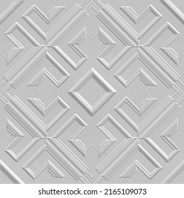 Elegant geometric emboss 3d seamless pattern. Geometrical embossed white vector background. Surface repeat backdrop. Relief geometry 3d lines ornament. Modern design. Endless grunge embossing texture.