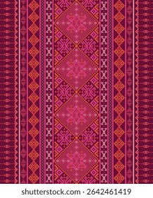 Elegant geometric ethnic oriental cross stitch antique style with Thai ornament seamless pattern. Embroidery pixel art. Design for clothing, carpet, background, wallpaper, wrapping, fabric. 