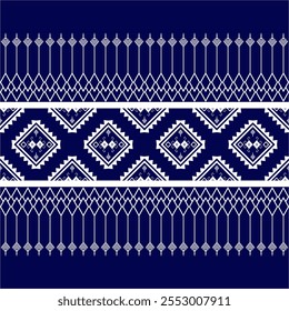 Elegant geometric fabric design featuring diamond and linear motifs in navy blue and white, perfect for cultural and modern textile projects.