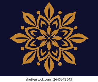 Elegant Geometric Floral Design A Symmetrical Pattern of Golden Leaves and Circles on a Dark Blue Background Creating a Mandala Style Image