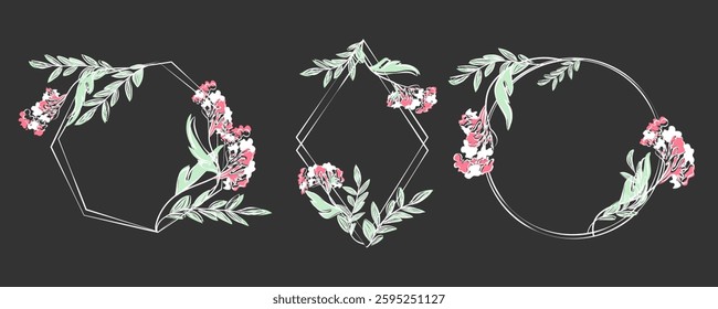 Elegant Geometric Floral Frames with Hand-Drawn Flowers and Leaves on Dark Background. Perfect for Wedding Invitations, Greeting Cards, Logos, Branding, and Stylish Decorative Designs