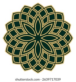 Elegant geometric floral mandala in green and gold detailed ornamental design suitable for decorative purposes and creative projects