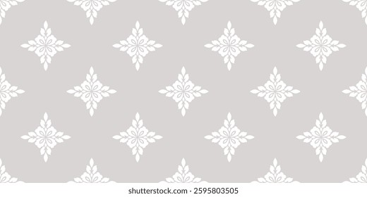 Elegant geometric floral ornament. Simple seamless pattern in damask, oriental style, with abstract flower silhouettes, foliage, tiles. Subtle white and beige background. Repeating delicate geo design
