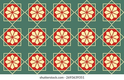 Elegante padrão floral geométrico com medalhões octogonais em uma paleta de cores retro