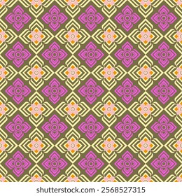 Elegant geometric floral pattern wallpaper. Seamless fabric wallpaper, bright colors, pink, red, dark yellow, Thai pattern, luxurious pattern for fashion. Flowers in the diamond grid Stylish local fab