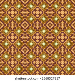 Elegant geometric floral pattern wallpaper. Seamless fabric wallpaper, bright colors, pink, red, dark yellow, Thai pattern, luxurious pattern for fashion. Flowers in the diamond grid Stylish local fab