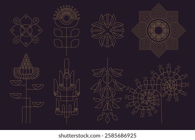 Elegant geometric floral set in gold outline on a dark background featuring nectar rich flowers for bees perfect for branding packaging and decor minimalist botanical vector collection