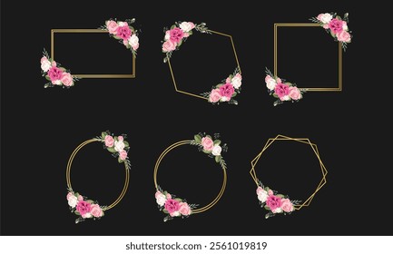 Elegant Geometric Frames with Blossoming Floral Arrangements on a Black Background