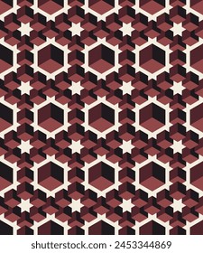 Elegant geometric lattice seamless pattern with 3D effect. Coffee-colored cubes are arranged in a specific order on a light background. Vector.