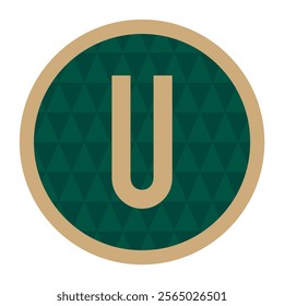 Elegant Geometric Letter U Icon - Circular Green Background with Gold Outer Border, Featuring a Bold U for Monograms, Stylish Branding, or Modern Art Projects