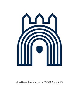 Elegant geometric logo featuring an arch formed by parallel lines with castle-style towers, perfect for architecture, security, or heritage brands.