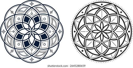 Elegant geometric mandala designs in dark blue and black with intricate ornamental patterns.