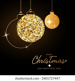 Elegant geometric minimalist style Happy new year greeting card. Square Christmas card with golden baubles, glitter texture decoration. 