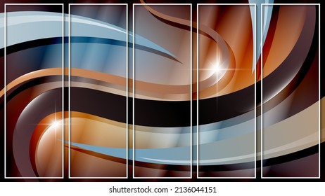 Elegant geometric panel in warm colors. Smooth stripes, glare and glow against the background of mixing colors. Five images in white thin frames. Vector. 