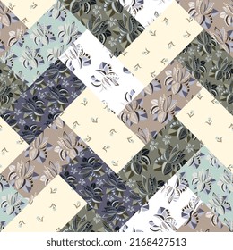 Elegant geometric patchwork pattern with abstract flowers and leaves in muted olive, purple, brown, blue, yellow tones in vector.