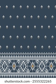 An Elegant geometric pattern in dark blue with white and gold accents, perfect for textiles or wallpapers