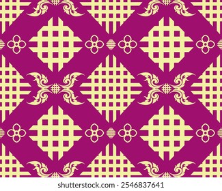 Elegant geometric pattern featuring purple and cream colors, with intricate designs and shapes. This stylish textile design is perfect for various applications.