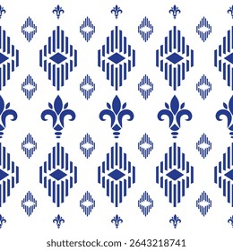 Elegant geometric pattern with fleur-de-lis elements in deep blue on a white background. Perfect for digital textile printing, fabric, and fashion design.