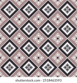 Elegant geometric pattern with floral motifs in mauve, black, and white. Seamless diamond pattern flowers. Vintage-inspired tile design pattern. Decorative retro pattern for textiles or wallpaper.