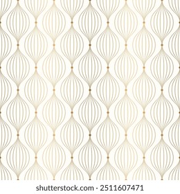 Elegante, patrón geométrico con líneas de color dorado y puntos que forman óvalos interconectados sobre un fondo blanco, Ilustración vectorial.