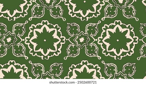 Elegant geometric pattern inspired by traditional motifs in olive green and cream tones. Perfect for wallpaper, fabric, and decorative prints.