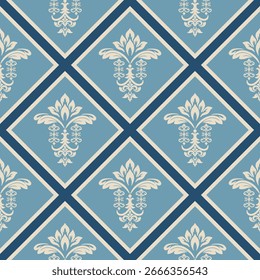 Elegante estampado geométrico en tonos azules apagados y diseño floral blanquecino. Los motivos repetitivos crean una sensación de armonía y simetría