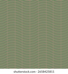 Um padrão geométrico elegante que exibe linhas onduladas verdes fluentes definidas contra um fundo marrom rico. Este design listrado combina curvas orgânicas.