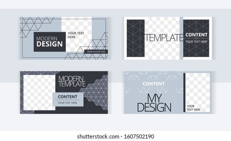 Elegant geometric patterns.  Background set horizontal banner templates with frame for images. Stylish design in blue colors.