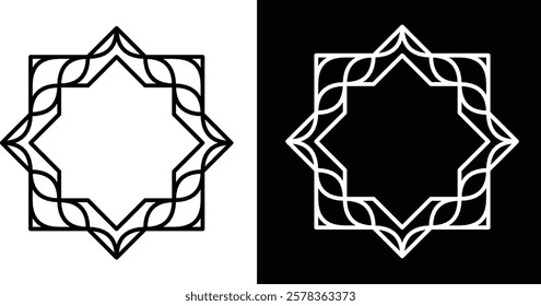 Elegant geometric patterns featuring star motifs and line art, displayed in contrasting black and white themes, showcasing intricate details and symmetrical design artistry, perfect for decorative or 